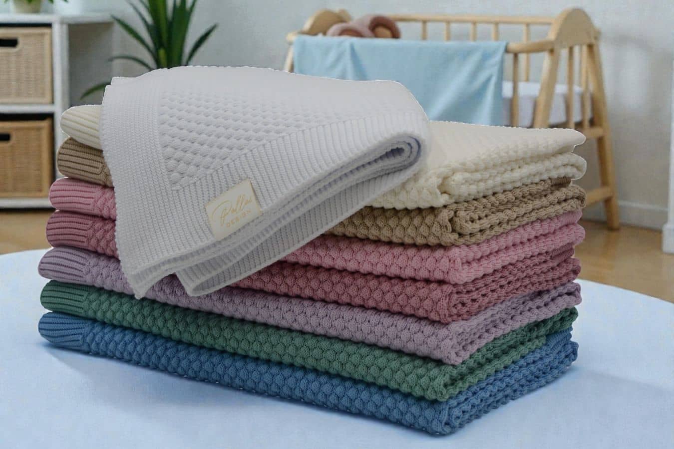 Pallas Design erinevat värvi kootud beebitekid toas laual, taustal on näha beebivoodi